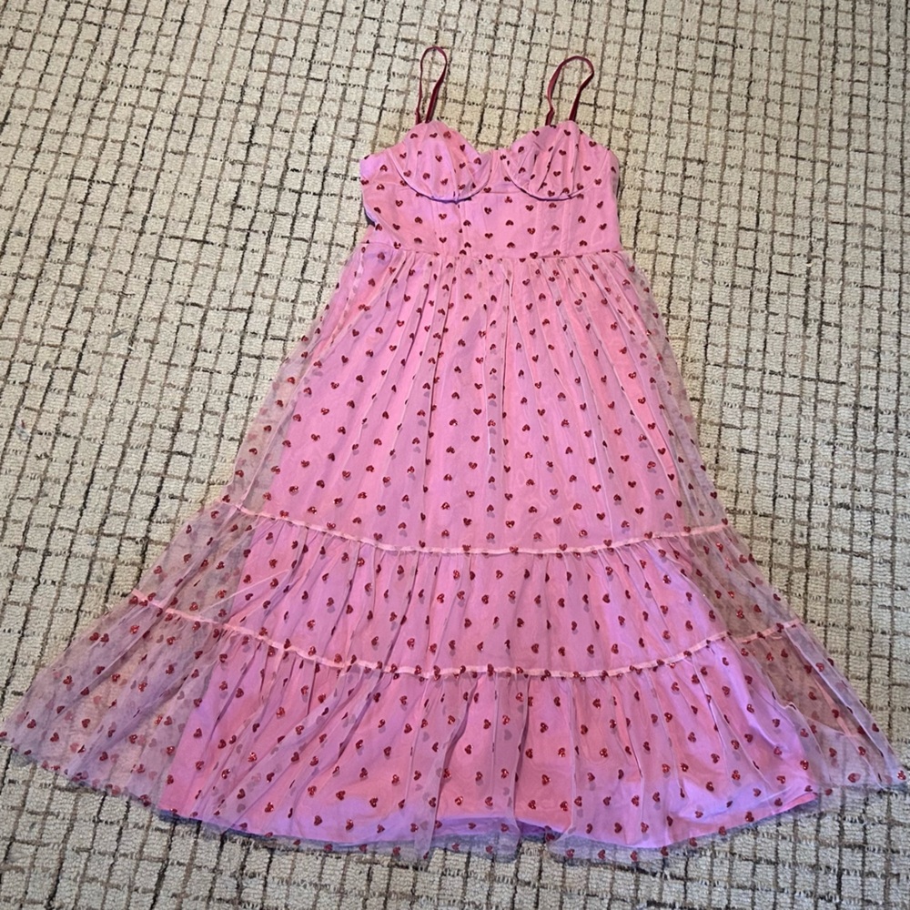 Betsey Johnson Metallic Heart Print Mesh Midi Dress – Size 14 💕